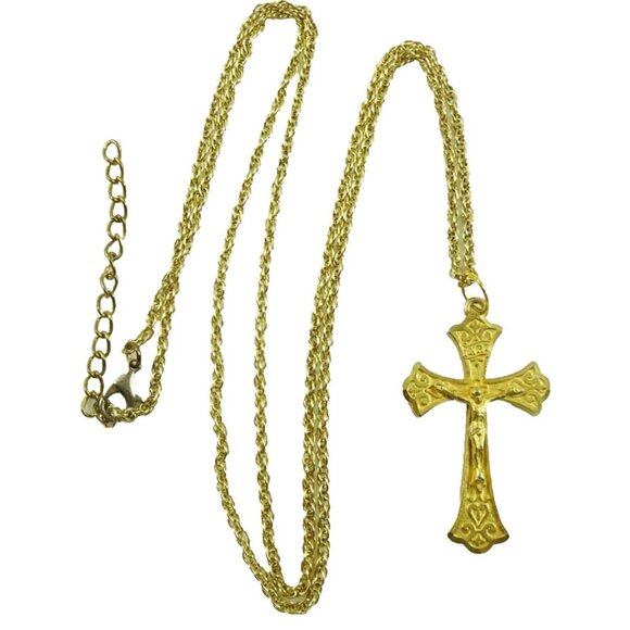 Golden Pewter Crucifix Long Statement Cross Necklace - Picture 3 of 8